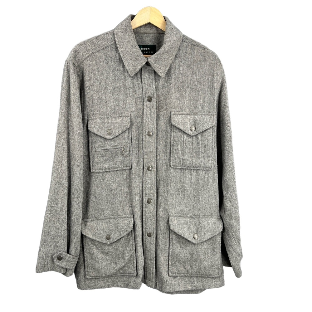 Lauren Ralph Lauren Womens Shirt Jacket Grey Wool Blend Utility Snap Front Large